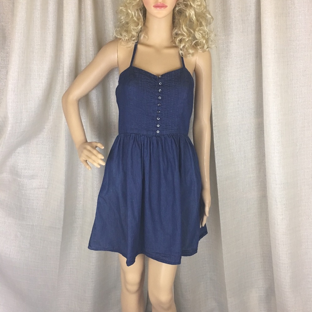 Eva Rose Halter Denim Dress Pockets Small